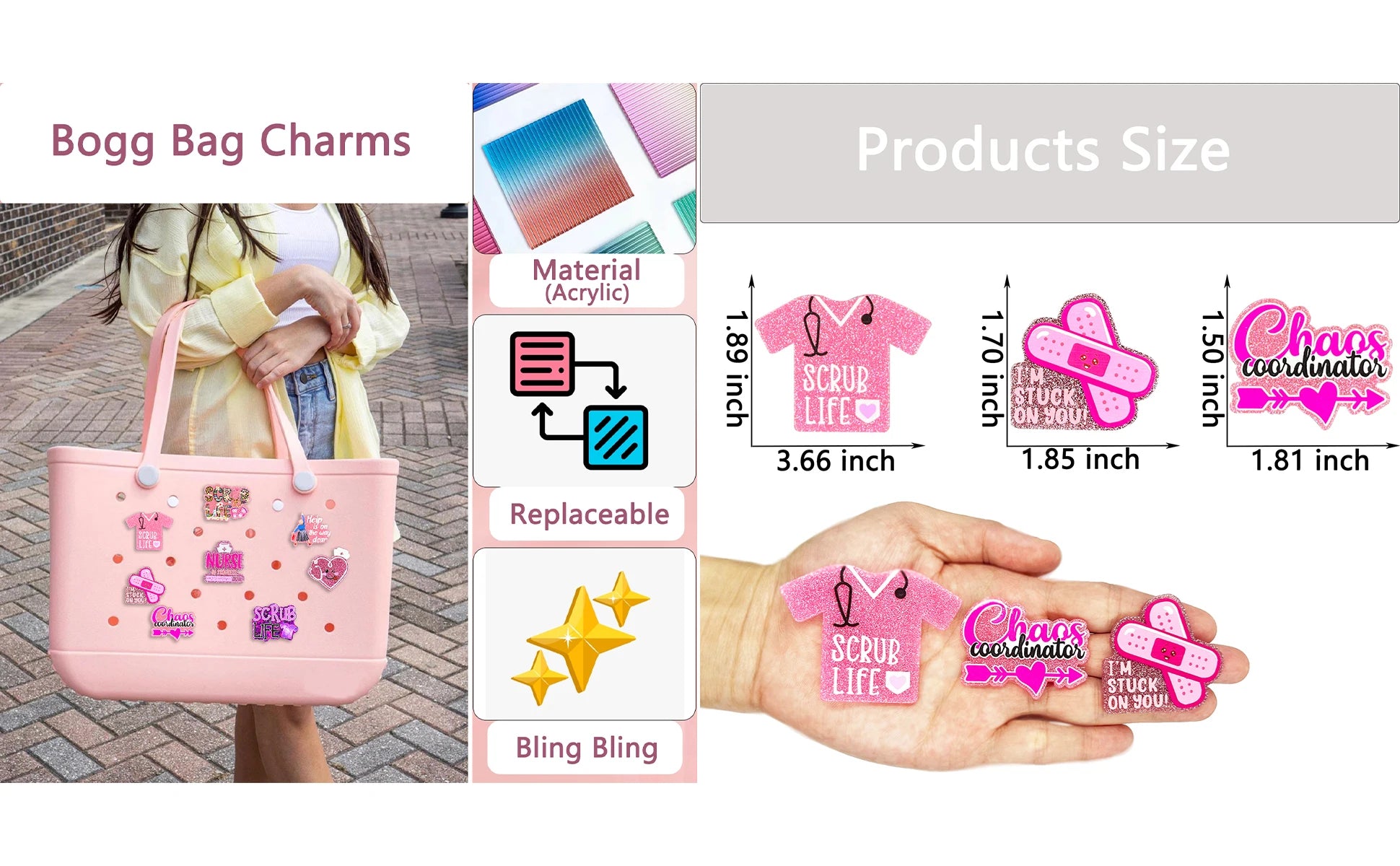 Bling Bag Charms for Bogg Bag Cute Acrylic Nurse Life Charms for Bogg Bag Accessories Women Girls Party Gifts Nurse Life