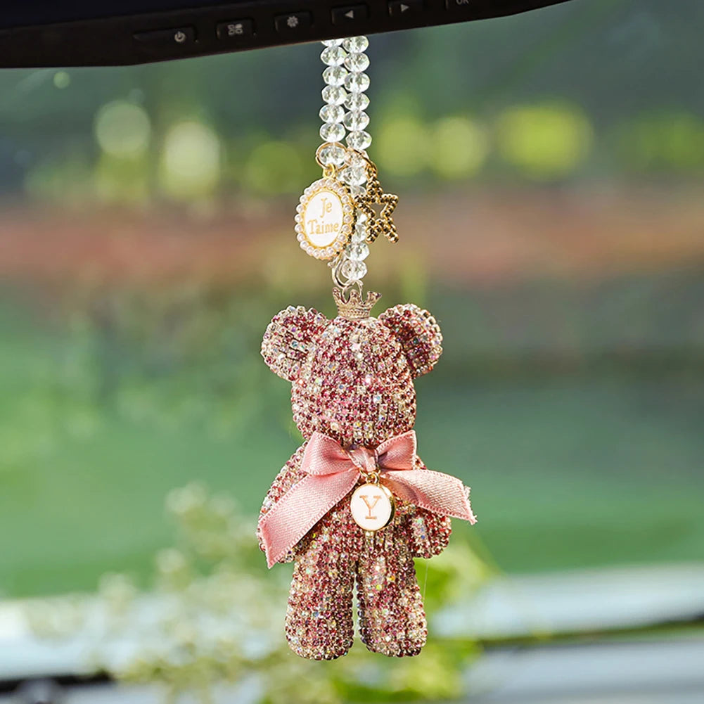 Rhinestone Crystal Bow  Bear Car Pendant Mirror Hanging Ornaments Diamond Bling Car Interior Decoration Women Accessories