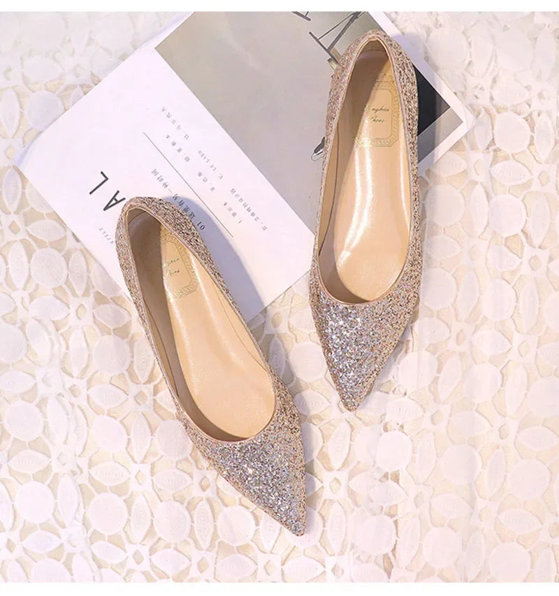 New Fashion Women Flats Pointed toe Brand Ladies Bling Shoes Flat Elegant Pink Gold Silver Big Size 42 DX084