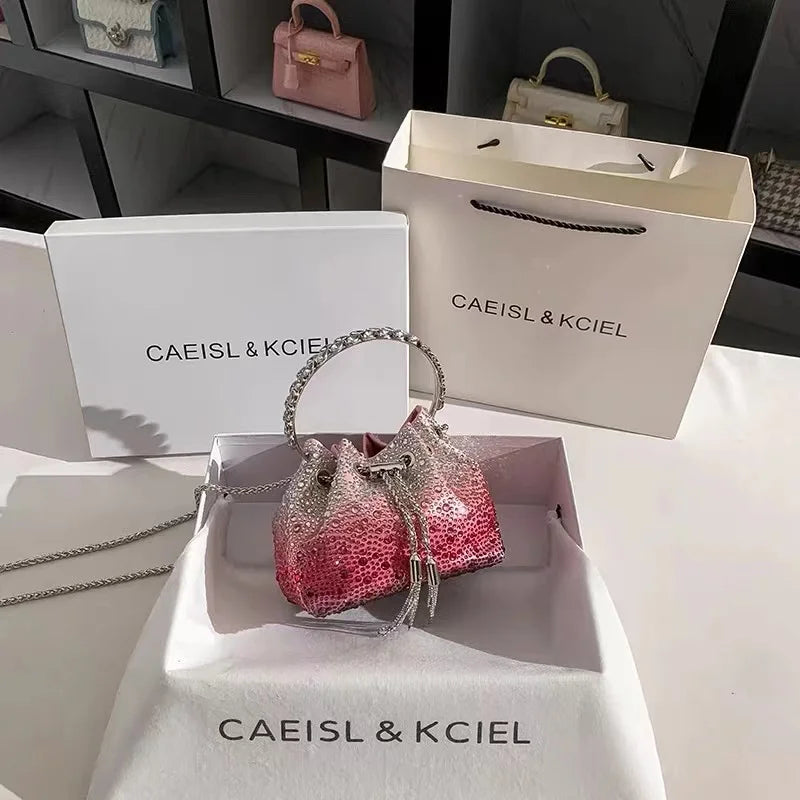 Luxury String Bucket Bag Crystal Shiny Rhinestones Diamond Evening Bag Women's Handbag Wedding Party Clutch Purse Crossbody Bag