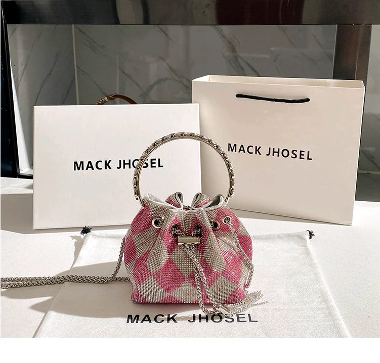 Luxury String Bucket Bag Crystal Shiny Rhinestones Diamond Evening Bag Women's Handbag Wedding Party Clutch Purse Crossbody Bag