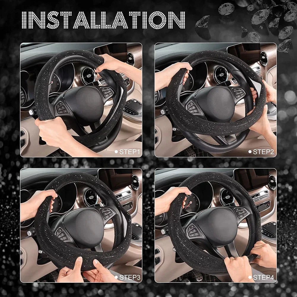 Bling Bling Diamond Rhinestones Crystal Car Steering Wheel Cover PU Leather Auto Accessories Case Car Styling