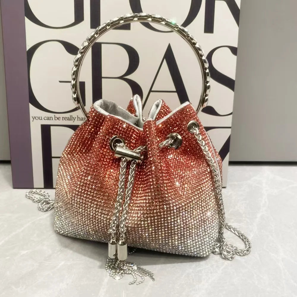 Luxury String Bucket Bag Crystal Shiny Rhinestones Diamond Evening Bag Women's Handbag Wedding Party Clutch Purse Crossbody Bag