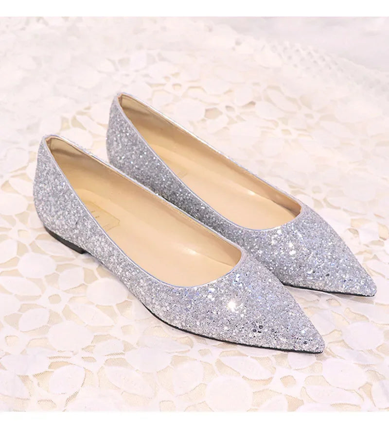 New Fashion Women Flats Pointed toe Brand Ladies Bling Shoes Flat Elegant Pink Gold Silver Big Size 42 DX084