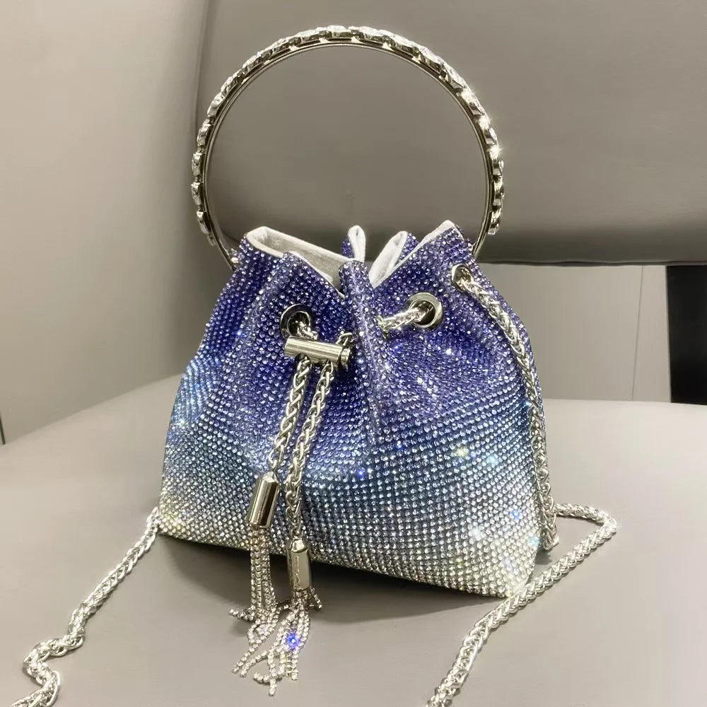 Luxury String Bucket Bag Crystal Shiny Rhinestones Diamond Evening Bag Women's Handbag Wedding Party Clutch Purse Crossbody Bag
