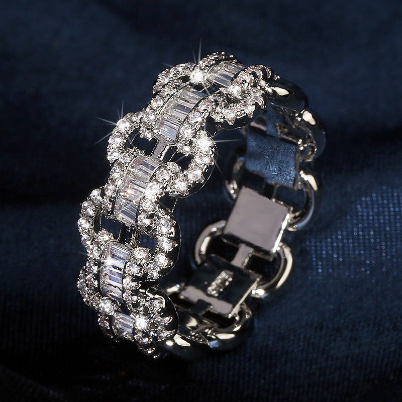 Fashion Luxury Large Row Bling Bling Zircon Rings Women Chain Hip Hop Rings Unisex Jewelry Gifts