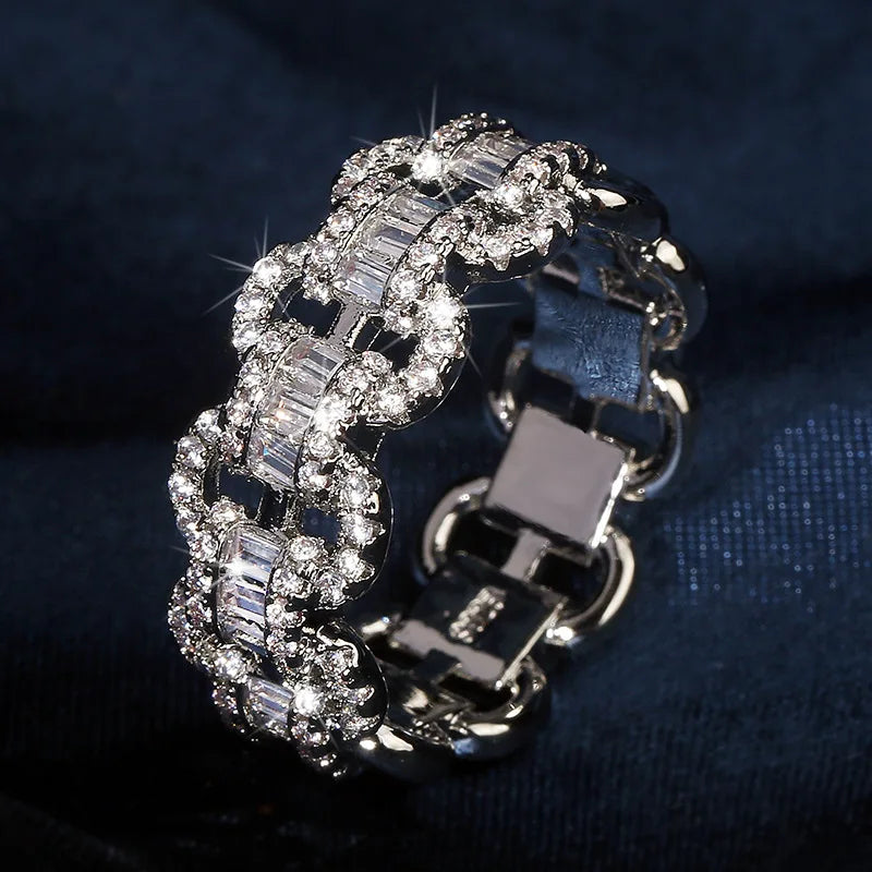 Fashion Luxury Large Row Bling Bling Zircon Rings Women Chain Hip Hop Rings Unisex Jewelry Gifts
