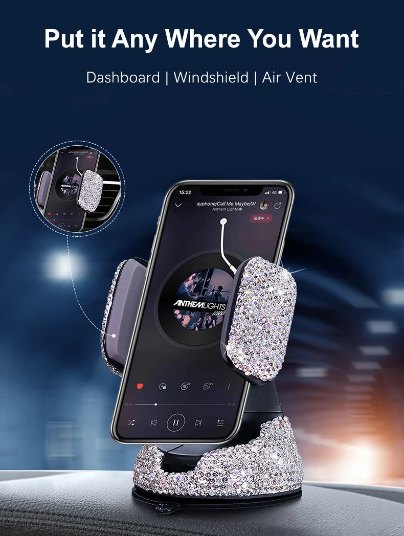 Diamond Bling Car Cell Phone Holder Girl Rhinestone Crystal Mount Universal Fit Mobile Holder Car Interior Accessories for Women