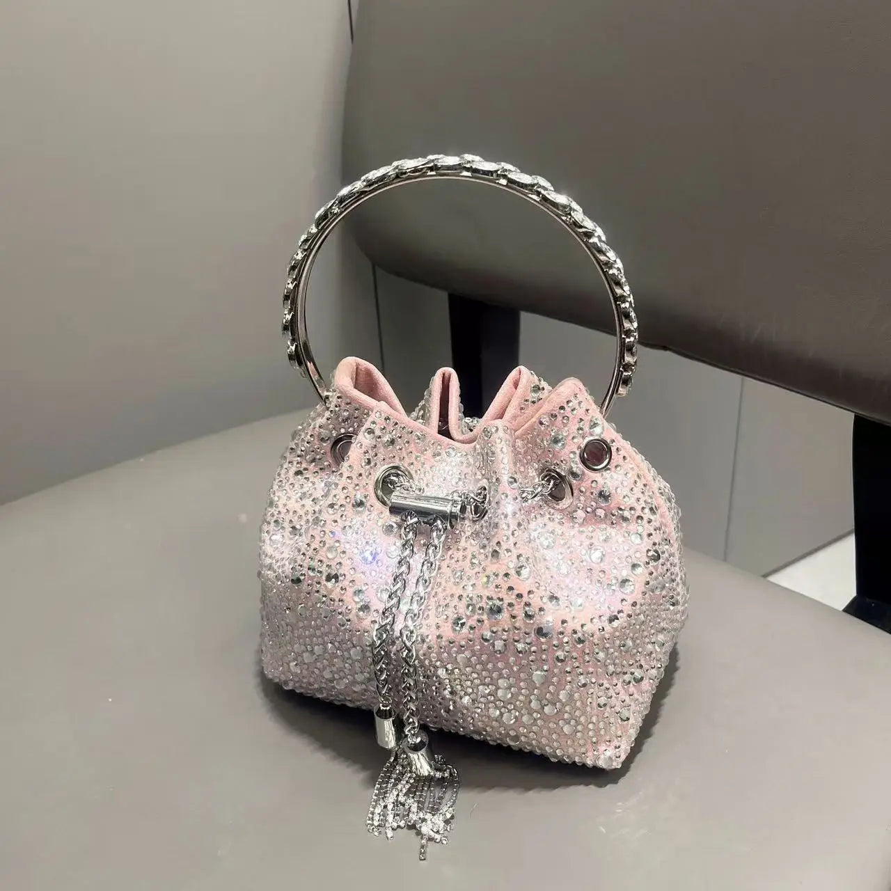 Luxury String Bucket Bag Crystal Shiny Rhinestones Diamond Evening Bag Women's Handbag Wedding Party Clutch Purse Crossbody Bag
