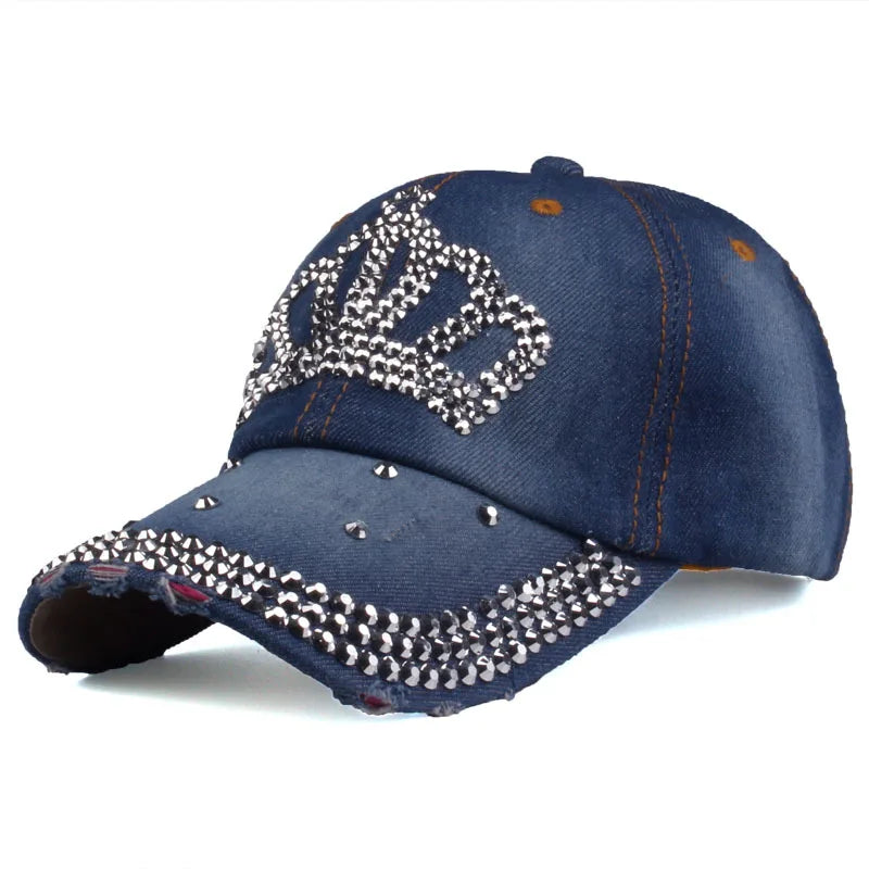 Women  Autumn  Crown Cotton Denim Baseball Caps Girls  Diamond Bling Bling Snapback Hat