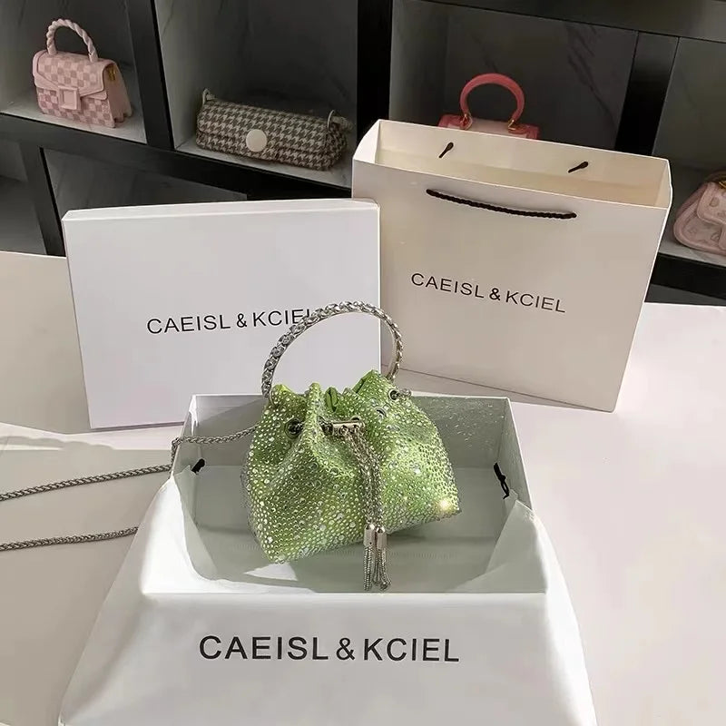 Luxury String Bucket Bag Crystal Shiny Rhinestones Diamond Evening Bag Women's Handbag Wedding Party Clutch Purse Crossbody Bag