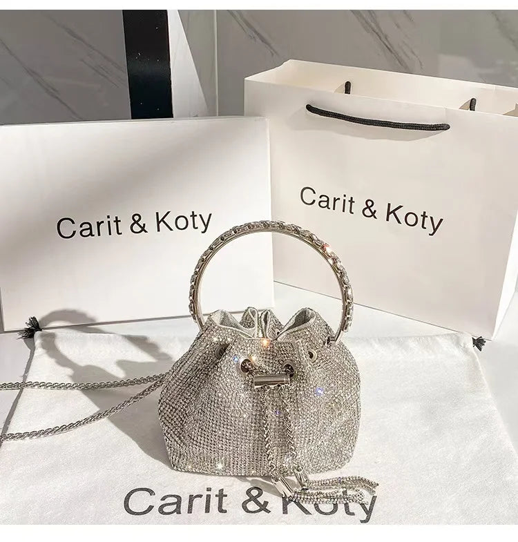 Luxury String Bucket Bag Crystal Shiny Rhinestones Diamond Evening Bag Women's Handbag Wedding Party Clutch Purse Crossbody Bag
