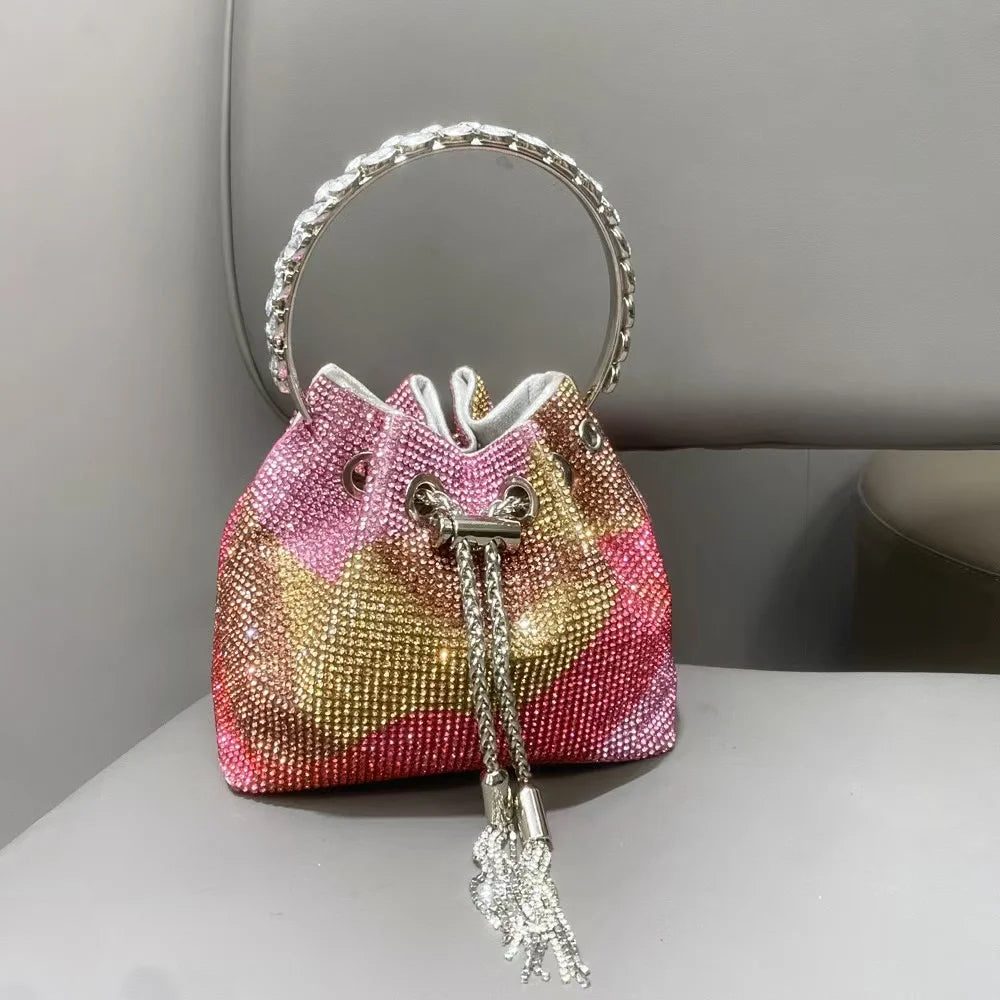 Luxury String Bucket Bag Crystal Shiny Rhinestones Diamond Evening Bag Women's Handbag Wedding Party Clutch Purse Crossbody Bag