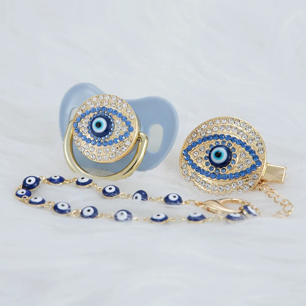 MIYOCAR blue Bling evil eye pacifier and clip set  chain holder bling colorful lovely    AEYE-C