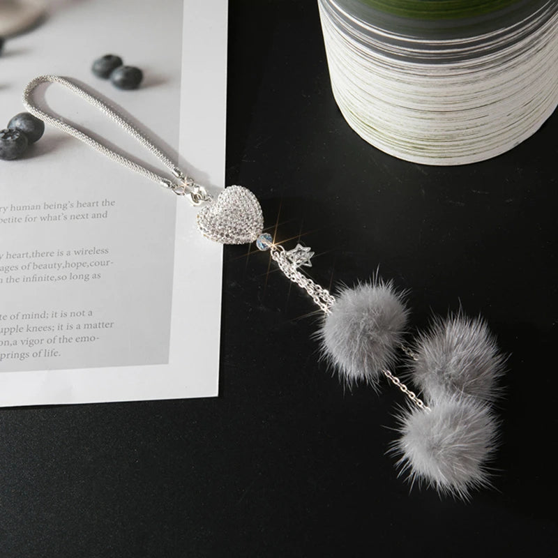 Rhinestone Crystal Plush Pendant Auto Rearview Mirror Ornament Bling Car Mirror Hanging Accessories Car Interior Decoration