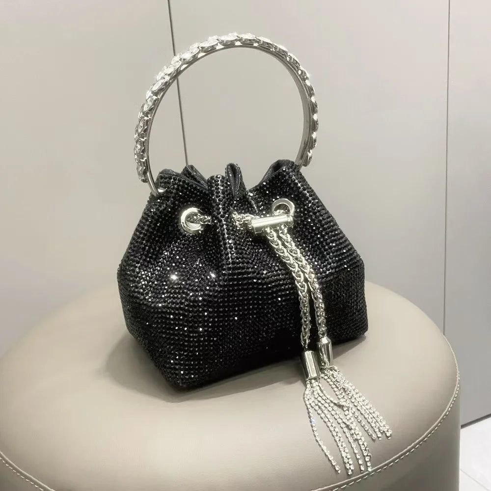 Luxury String Bucket Bag Crystal Shiny Rhinestones Diamond Evening Bag Women's Handbag Wedding Party Clutch Purse Crossbody Bag