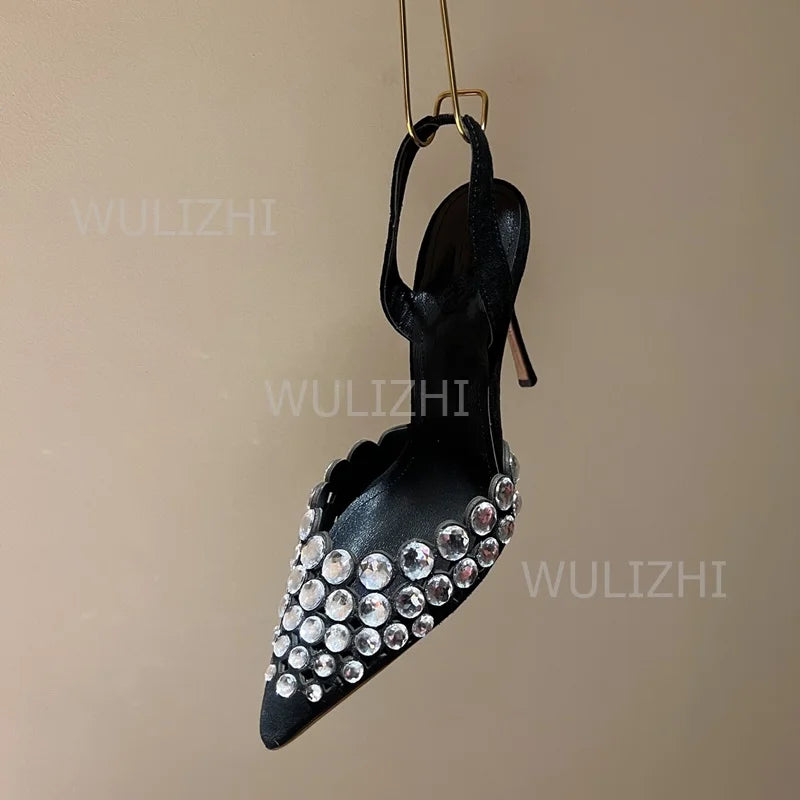 Silver Large Crystal Diamond Heels Sandals Shiny Women Red Leather Gold Slingback Pointed Toe Stiletto Black Bling Shoes Slip On