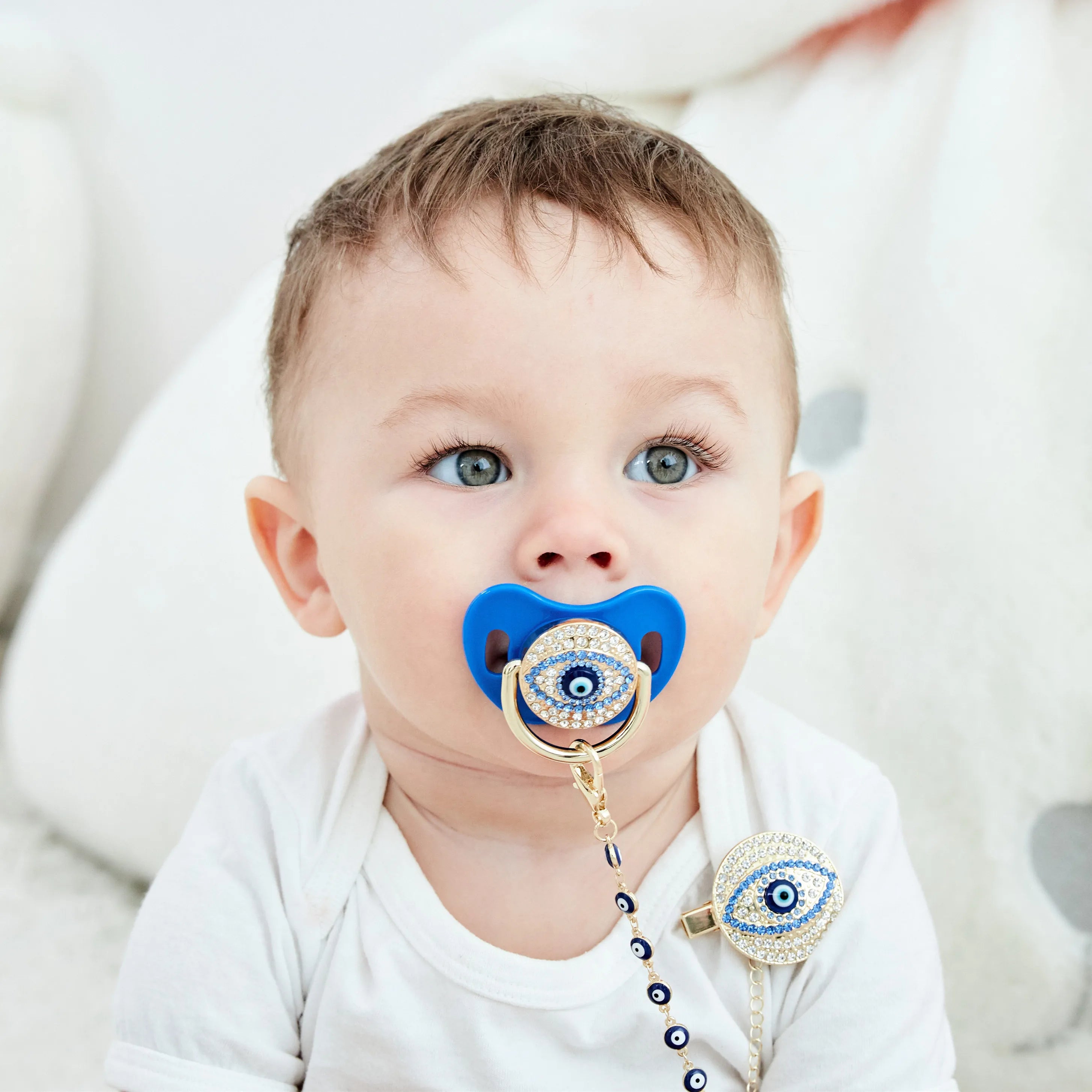MIYOCAR blue Bling evil eye pacifier and clip set  chain holder bling colorful lovely    AEYE-C