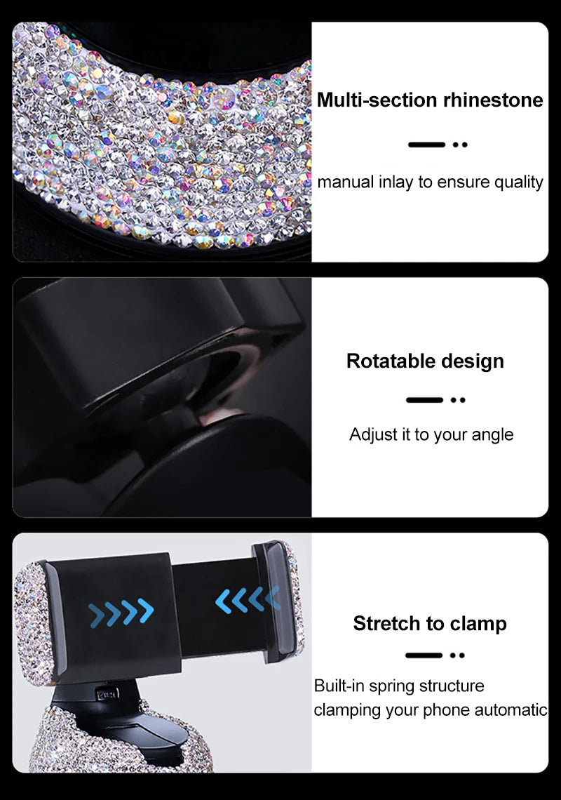 Diamond Bling Car Cell Phone Holder Girl Rhinestone Crystal Mount Universal Fit Mobile Holder Car Interior Accessories for Women