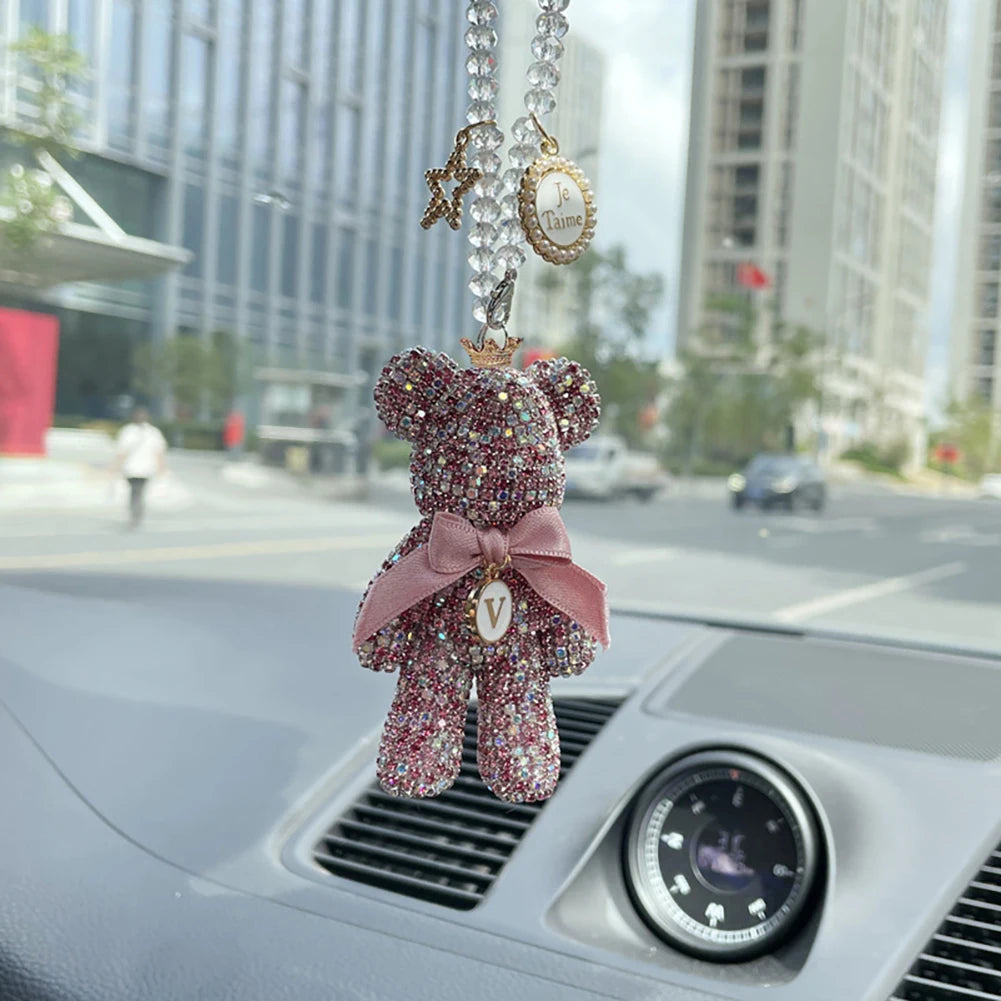 Cartoon Diamond Crystal Bow  Bear Car Pendant Mirror Hanging Ornaments Bling Car Interior Decoration Women Accessories