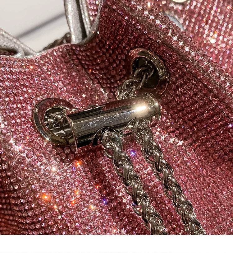 Luxury String Bucket Bag Crystal Shiny Rhinestones Diamond Evening Bag Women's Handbag Wedding Party Clutch Purse Crossbody Bag