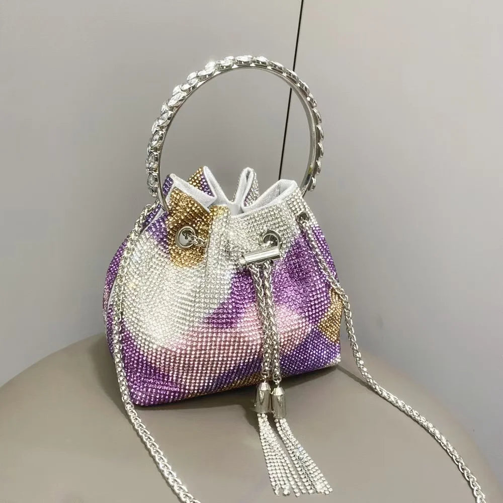 Luxury String Bucket Bag Crystal Shiny Rhinestones Diamond Evening Bag Women's Handbag Wedding Party Clutch Purse Crossbody Bag