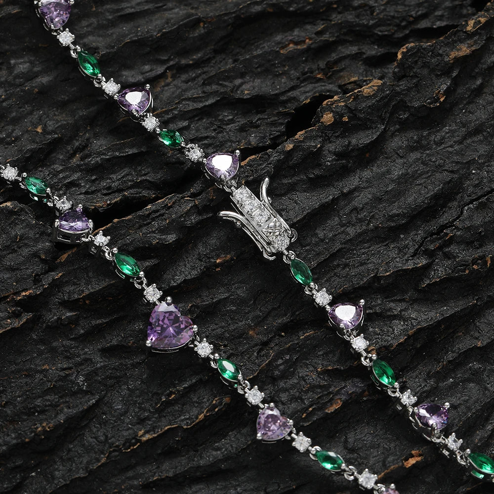 Women Bling Bling Purple Heart Stone Necklace Brass CZ Tennis Chain Necklace  BC182