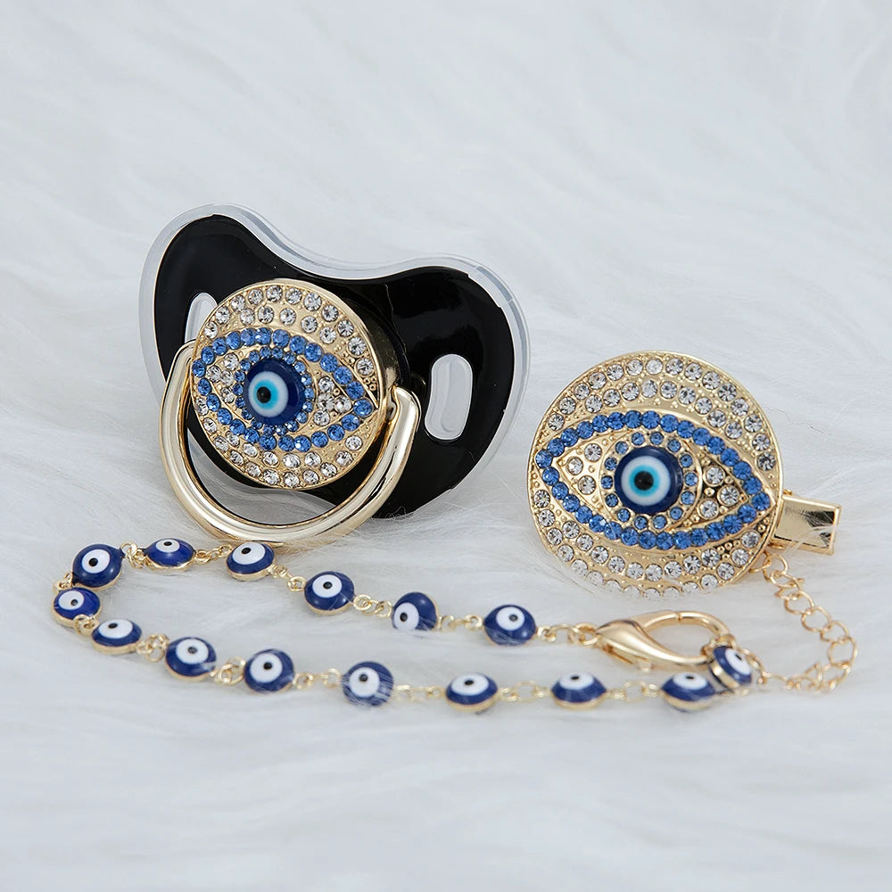 MIYOCAR blue Bling evil eye pacifier and clip set  chain holder bling colorful lovely    AEYE-C
