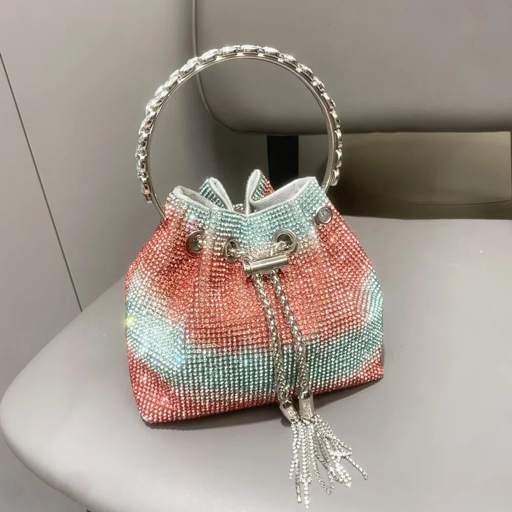 Luxury String Bucket Bag Crystal Shiny Rhinestones Diamond Evening Bag Women's Handbag Wedding Party Clutch Purse Crossbody Bag
