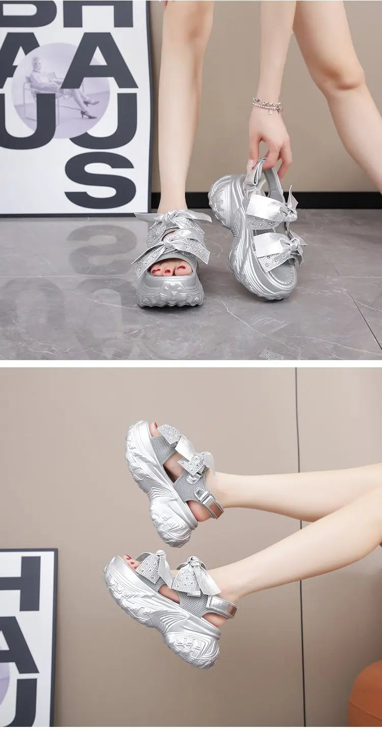 2025 New Summer High Platform Women Sandals Buckle Wedges Bling Shoes Fashion Outside Chunky Sandals Beach Casual Slides Woman