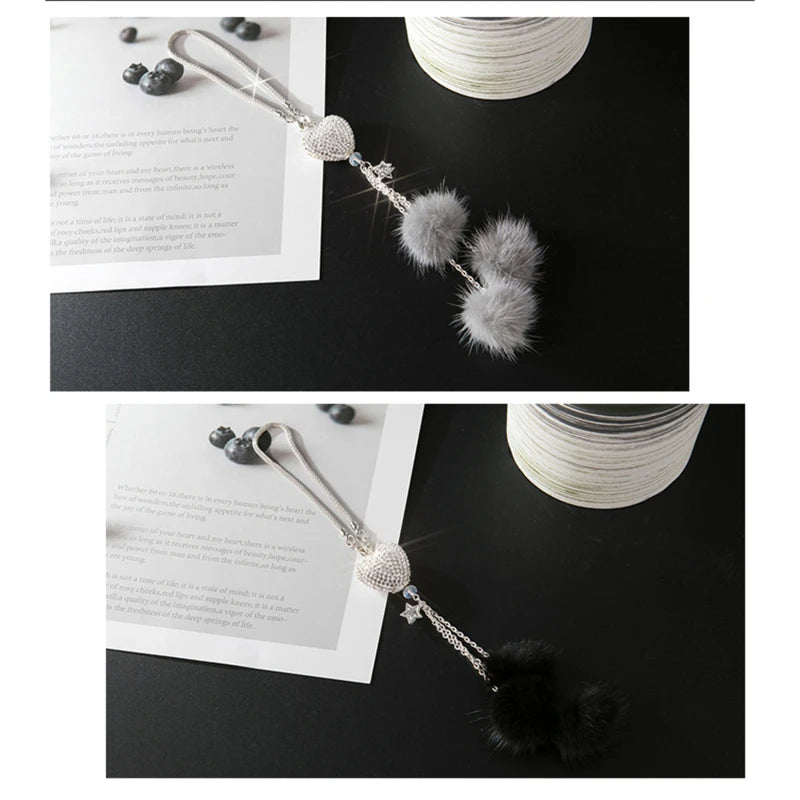 Rhinestone Crystal Plush Pendant Auto Rearview Mirror Ornament Bling Car Mirror Hanging Accessories Car Interior Decoration