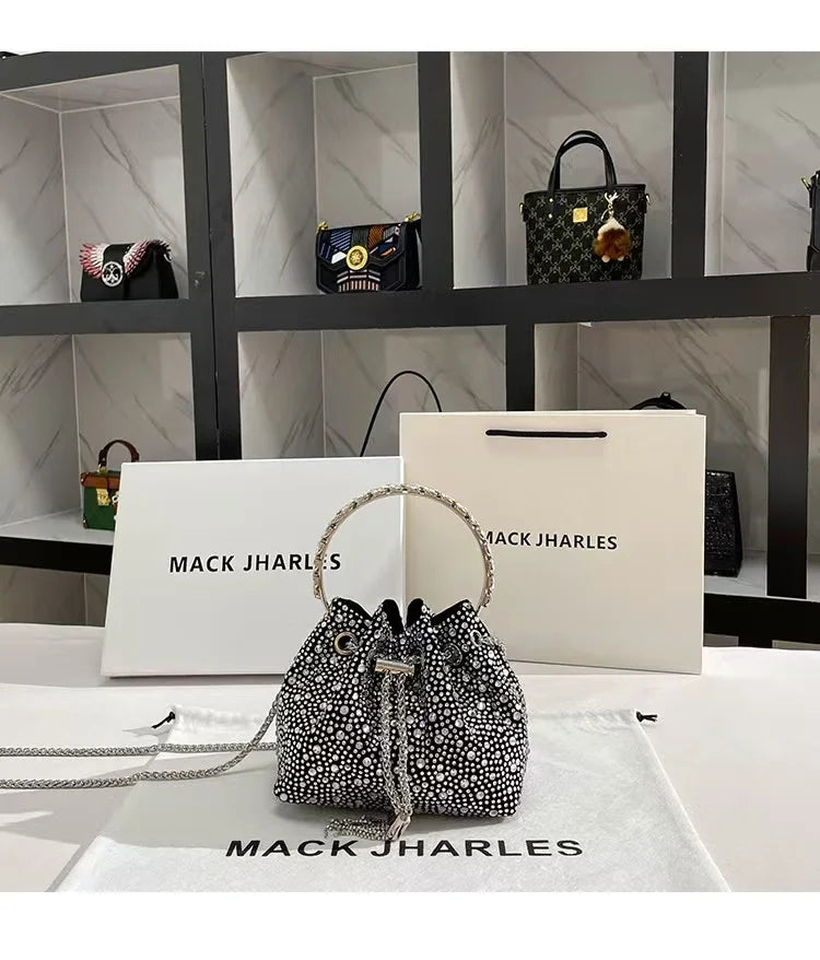Luxury String Bucket Bag Crystal Shiny Rhinestones Diamond Evening Bag Women's Handbag Wedding Party Clutch Purse Crossbody Bag