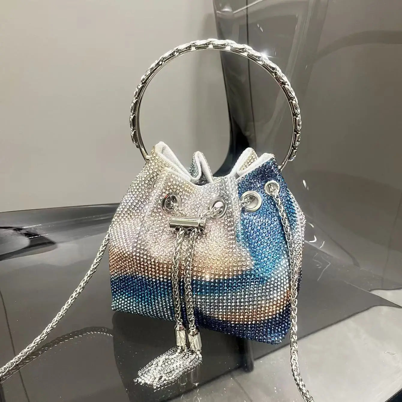 Luxury String Bucket Bag Crystal Shiny Rhinestones Diamond Evening Bag Women's Handbag Wedding Party Clutch Purse Crossbody Bag