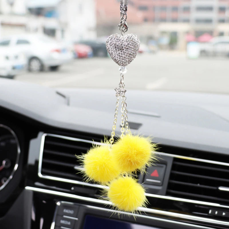 Rhinestone Crystal Plush Pendant Auto Rearview Mirror Ornament Bling Car Mirror Hanging Accessories Car Interior Decoration