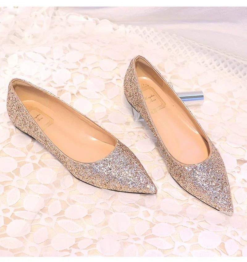 New Fashion Women Flats Pointed toe Brand Ladies Bling Shoes Flat Elegant Pink Gold Silver Big Size 42 DX084