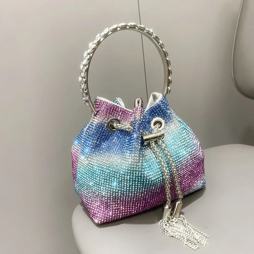 Luxury String Bucket Bag Crystal Shiny Rhinestones Diamond Evening Bag Women's Handbag Wedding Party Clutch Purse Crossbody Bag