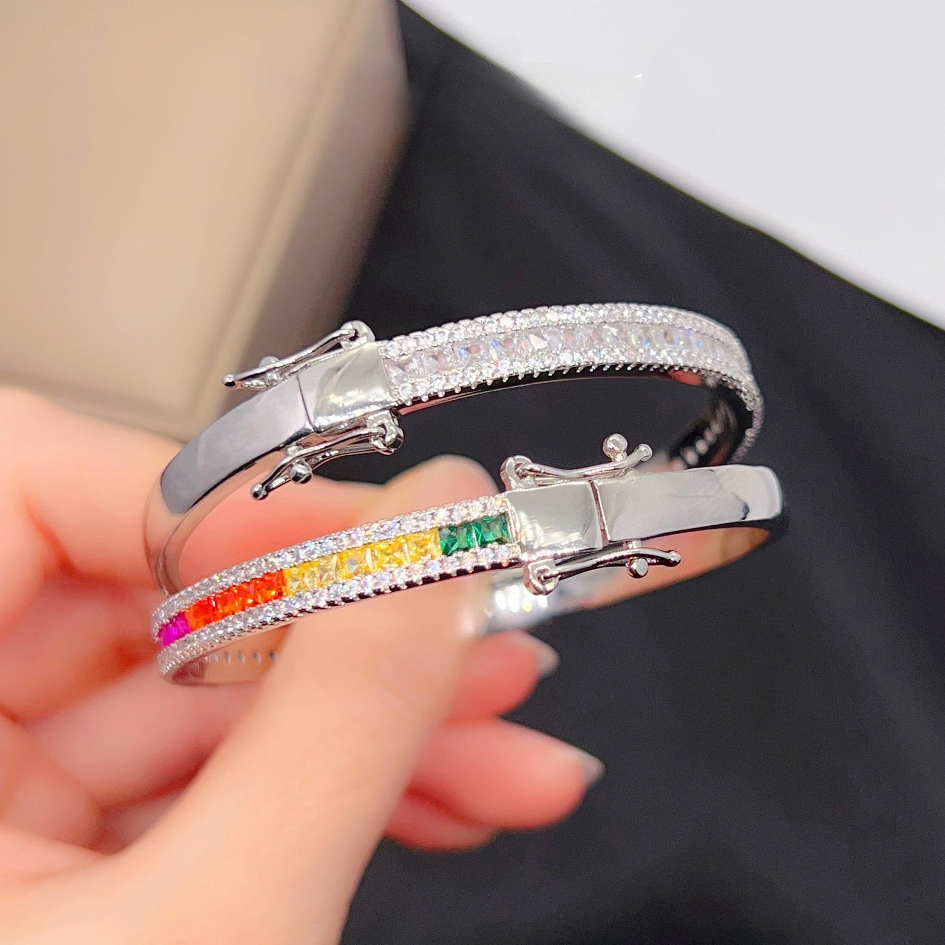 NewSilver Bling Bling Cubic Zirconia Multicolor Bangles for Women Exquisite Charms Bracelet Engagement BanquetJewelry