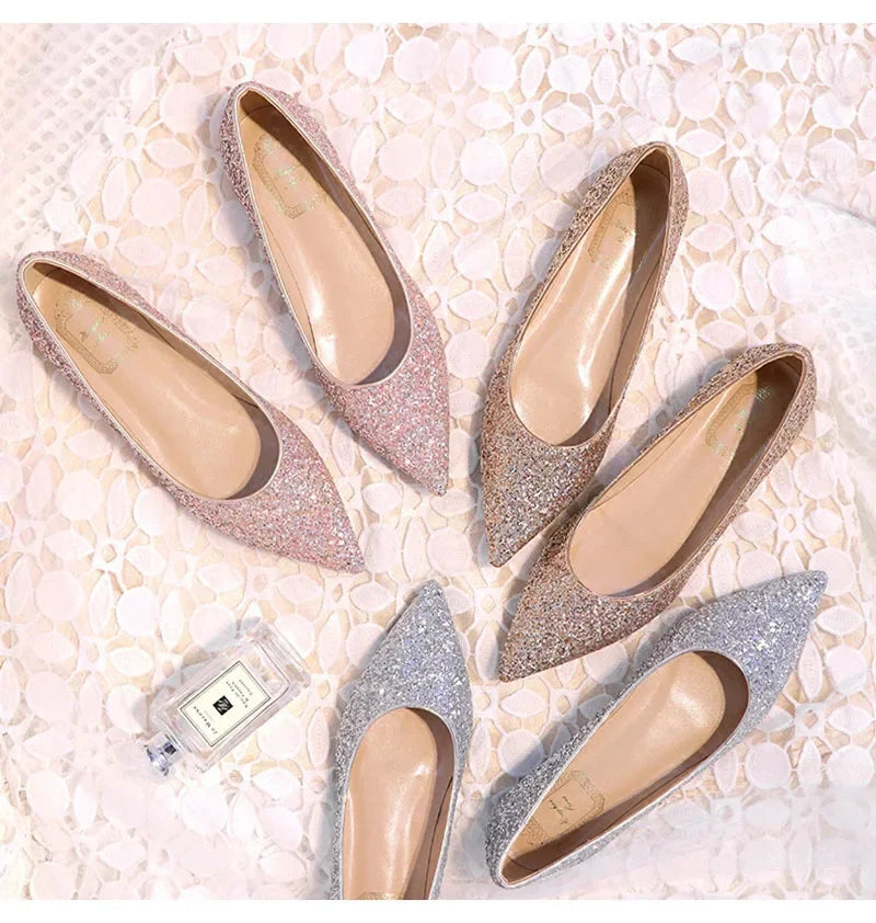 New Fashion Women Flats Pointed toe Brand Ladies Bling Shoes Flat Elegant Pink Gold Silver Big Size 42 DX084