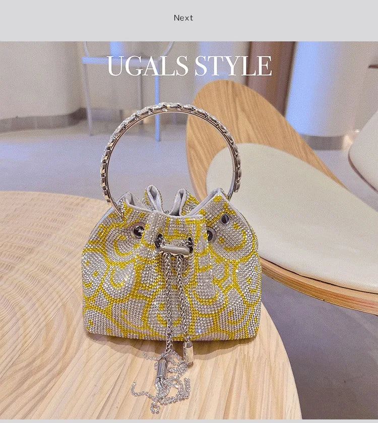 Luxury String Bucket Bag Crystal Shiny Rhinestones Diamond Evening Bag Women's Handbag Wedding Party Clutch Purse Crossbody Bag