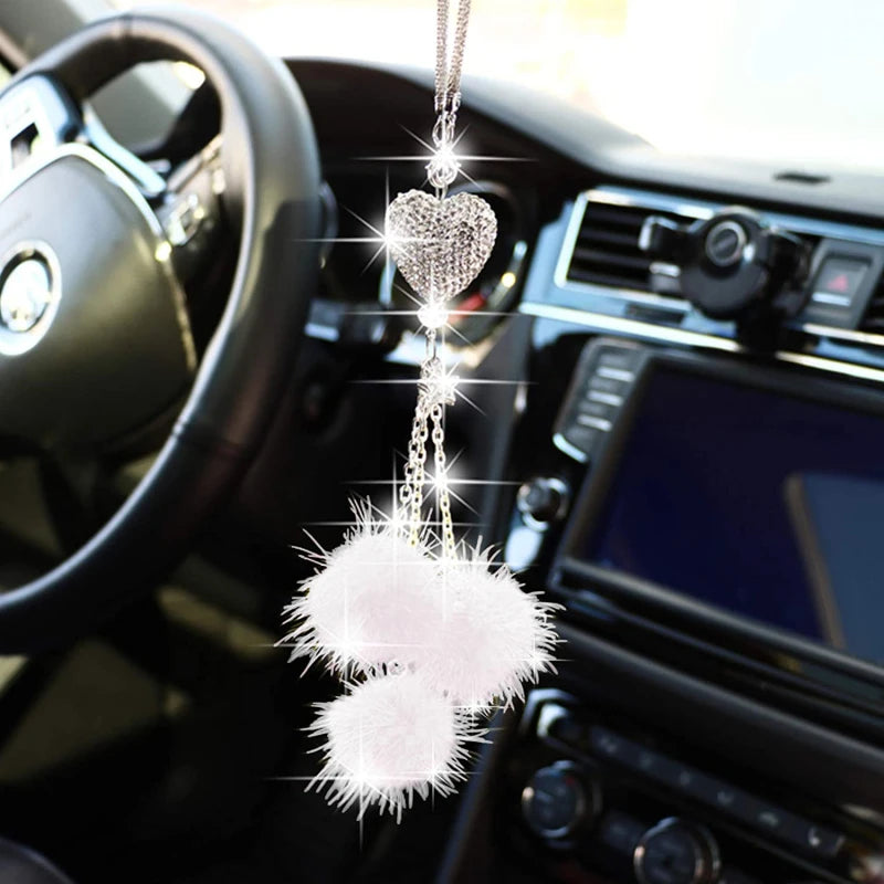 Rhinestone Crystal Plush Pendant Auto Rearview Mirror Ornament Bling Car Mirror Hanging Accessories Car Interior Decoration