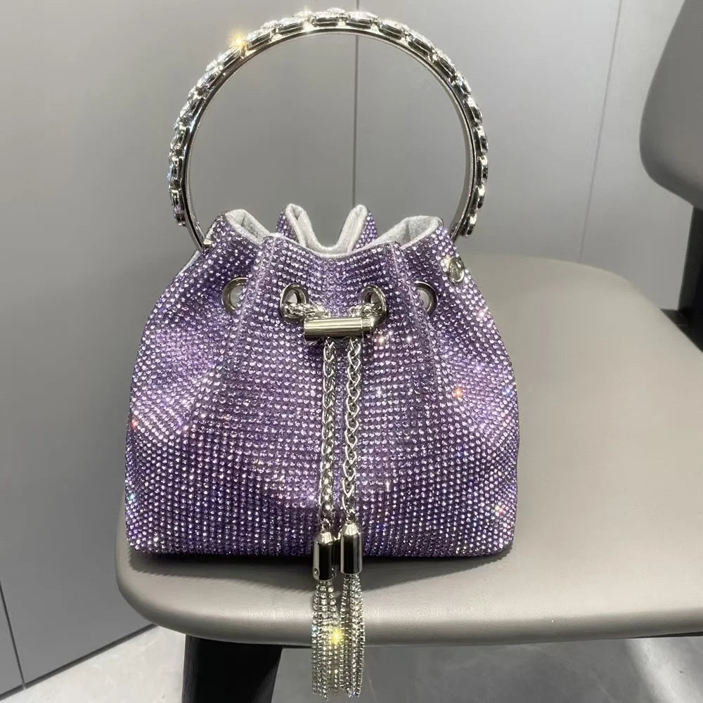 Luxury String Bucket Bag Crystal Shiny Rhinestones Diamond Evening Bag Women's Handbag Wedding Party Clutch Purse Crossbody Bag