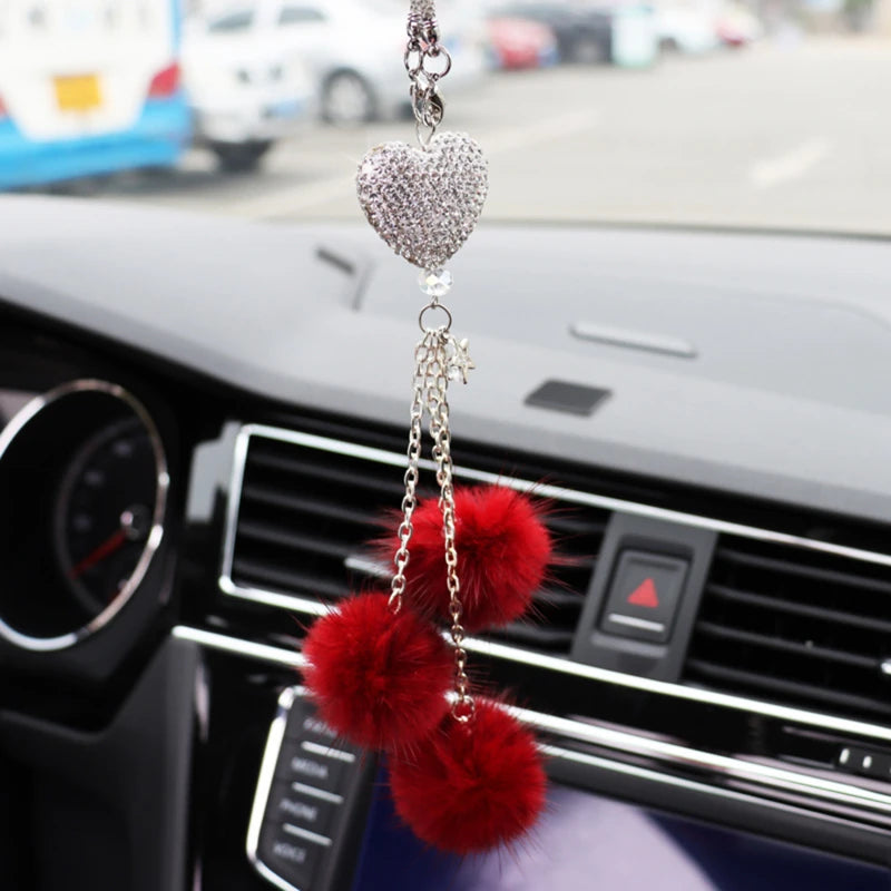 Rhinestone Crystal Plush Pendant Auto Rearview Mirror Ornament Bling Car Mirror Hanging Accessories Car Interior Decoration