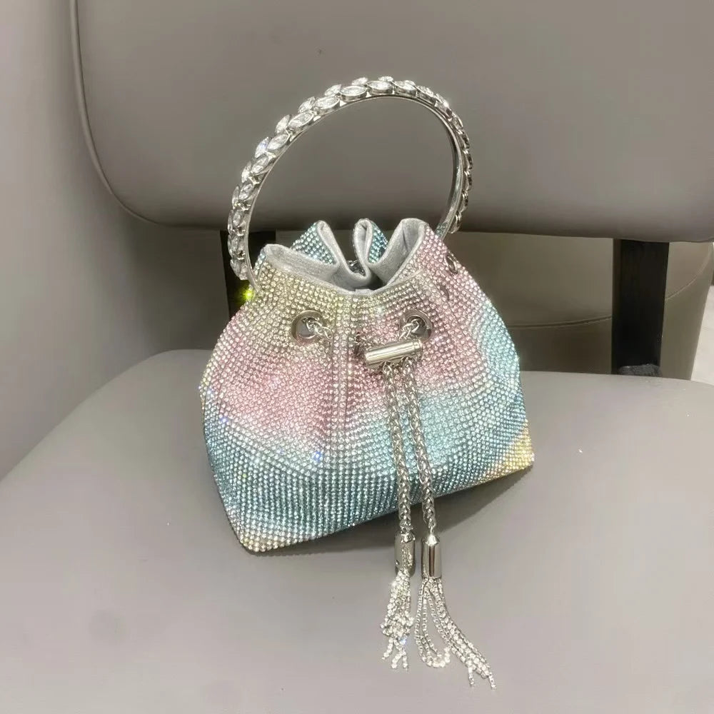 Luxury String Bucket Bag Crystal Shiny Rhinestones Diamond Evening Bag Women's Handbag Wedding Party Clutch Purse Crossbody Bag
