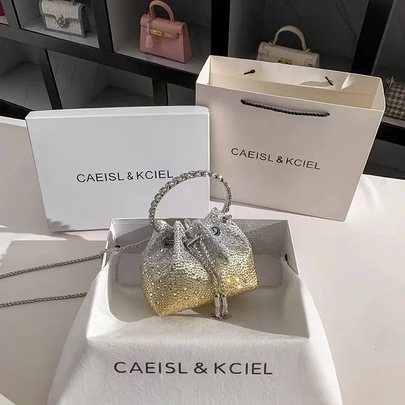 Luxury String Bucket Bag Crystal Shiny Rhinestones Diamond Evening Bag Women's Handbag Wedding Party Clutch Purse Crossbody Bag