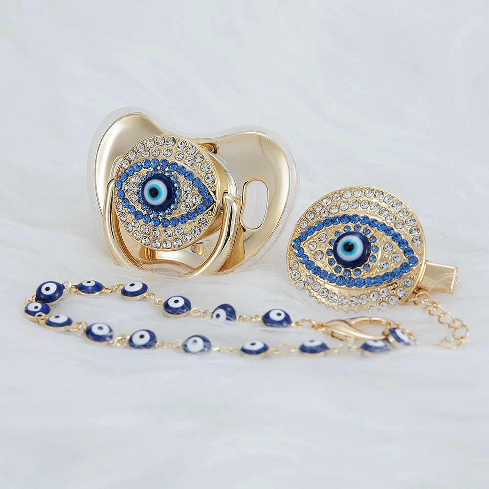 MIYOCAR blue Bling evil eye pacifier and clip set  chain holder bling colorful lovely    AEYE-C