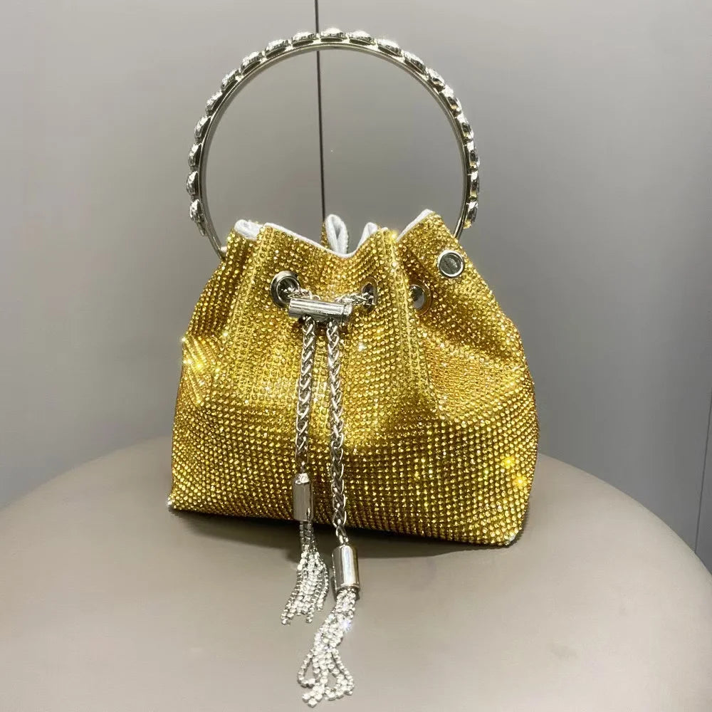 Luxury String Bucket Bag Crystal Shiny Rhinestones Diamond Evening Bag Women's Handbag Wedding Party Clutch Purse Crossbody Bag