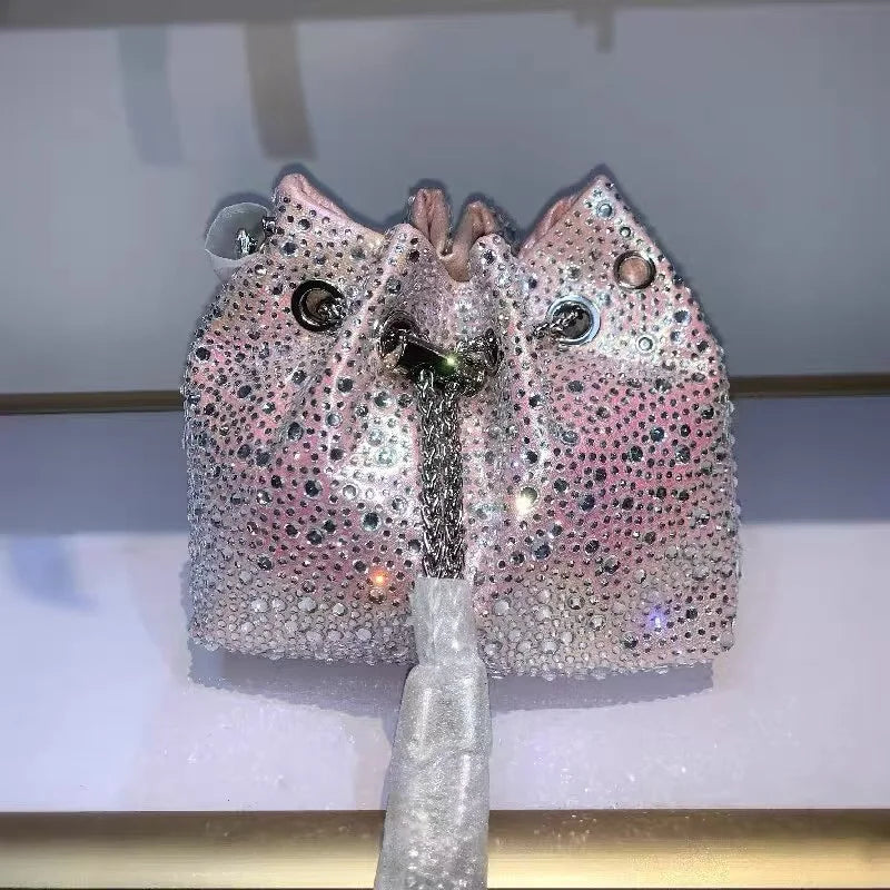 Luxury String Bucket Bag Crystal Shiny Rhinestones Diamond Evening Bag Women's Handbag Wedding Party Clutch Purse Crossbody Bag