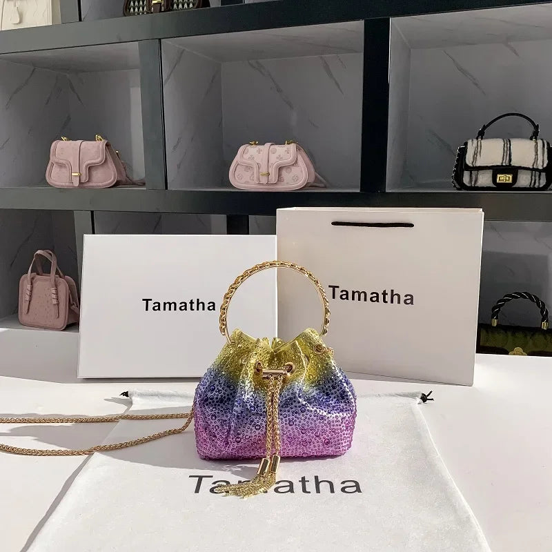 Luxury String Bucket Bag Crystal Shiny Rhinestones Diamond Evening Bag Women's Handbag Wedding Party Clutch Purse Crossbody Bag