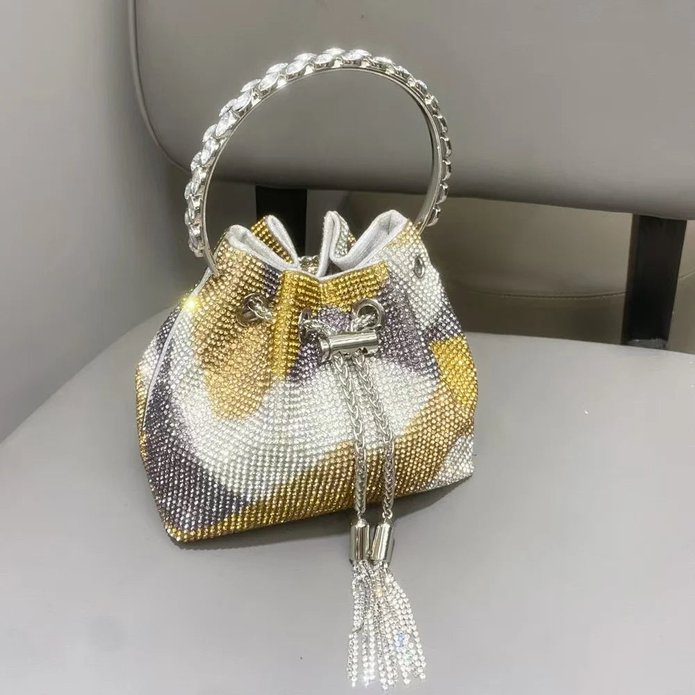 Luxury String Bucket Bag Crystal Shiny Rhinestones Diamond Evening Bag Women's Handbag Wedding Party Clutch Purse Crossbody Bag