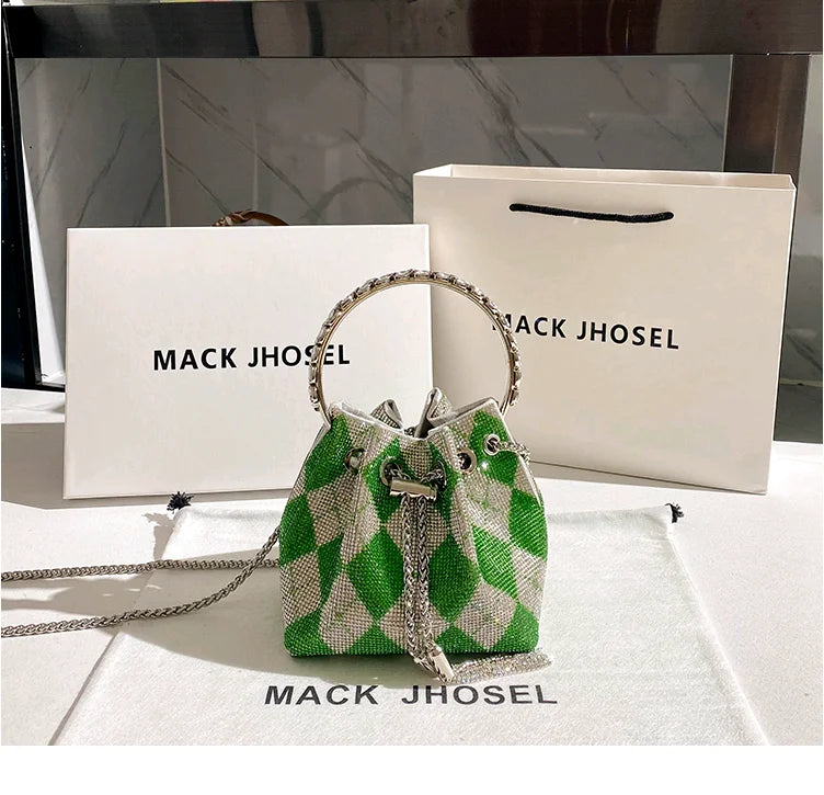Luxury String Bucket Bag Crystal Shiny Rhinestones Diamond Evening Bag Women's Handbag Wedding Party Clutch Purse Crossbody Bag